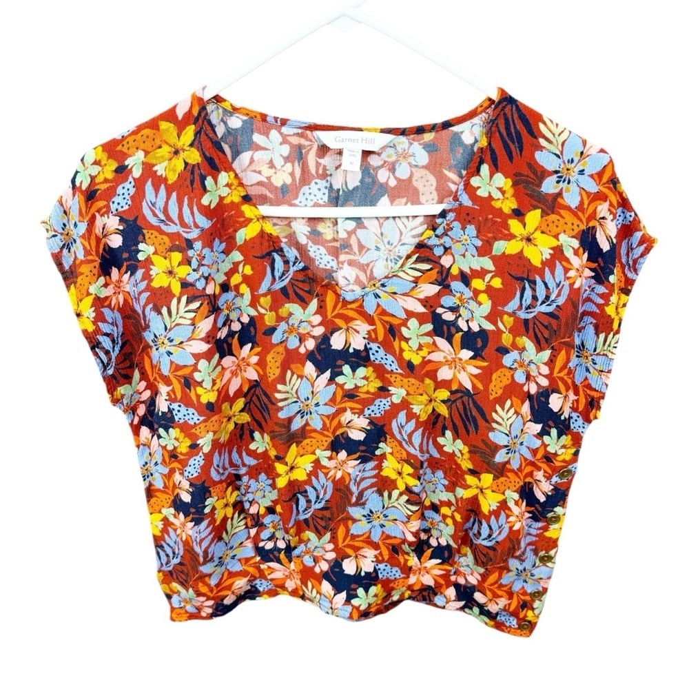 Garnet Hill Dark Floral Lenzing Ecovero Viscose Crop Cap Sleeve VNeck Top Size M